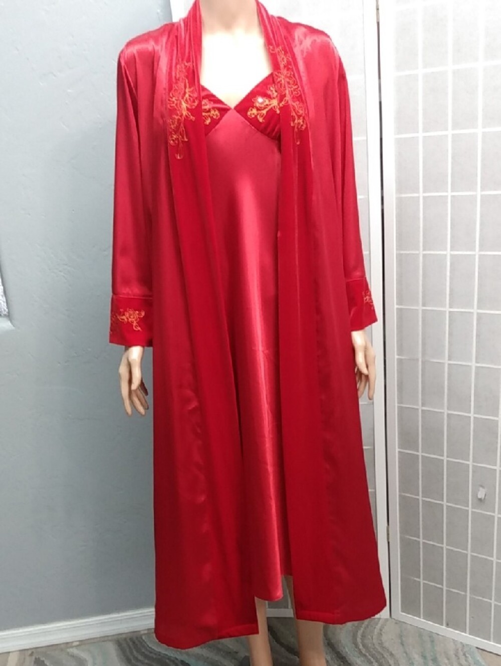 Red Satin & Velvet Gown & Robe w/ Pockets-Womens Intimates - S/M